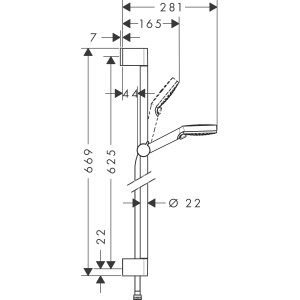 Technische Zeichnung Hansgrohe Crometta Vario Brauseset mit Brausestange (65cm), Weiß-Chrom mit Maßen.