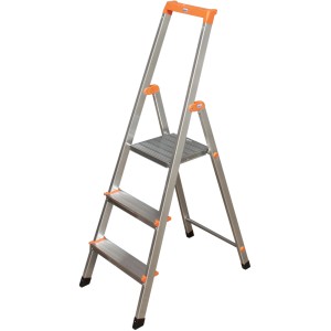 Krause Solidy Stufen-Steh-Leiter mit 3 Stufen, silberfarben mit orangefarbenen Akzenten.