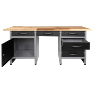 Ondis24 Werkbank Harry 160 cm mit 6 Schubladen, 1 Tür und Buchenholzplatte. Werkstatteinrichtung.