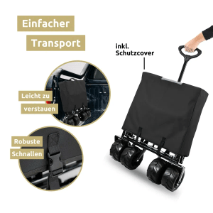 Schwarzer deluxe4home Bollerwagen mit breiten Reifen und Schutzcover, zusammengeklappt.