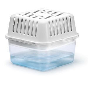 Humydry Compact Raumentfeuchter, neutral, 250g, mit Wasser im Behälter.
