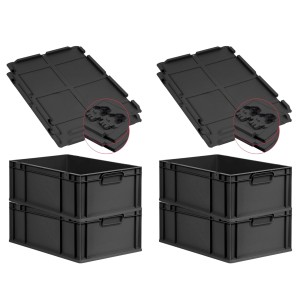 PROREGAL SuperSparSet: 4 schwarze Euroboxen mit Deckel, 40x60cm, stapelbar.