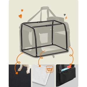 Feandrea Hundebox: Schwarzer Stahlrahmen, weiche Matte, Netzstoff für Luftzirkulation & Seitentasche.