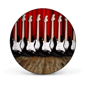 Runde, schwarze Magnettafel (47cm) mit E-Gitarren Motiv als Wanddekoration.