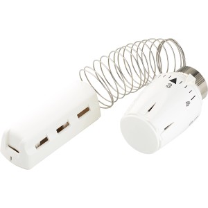 Weißer Thermostatkopf mit Fernfühler und Kapillarrohr für Heizungs-Installation.