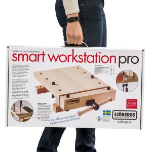 Karton der Sjöbergs Werkbank Pro Mobil, tragbare Hobelbank aus Buchenholz.