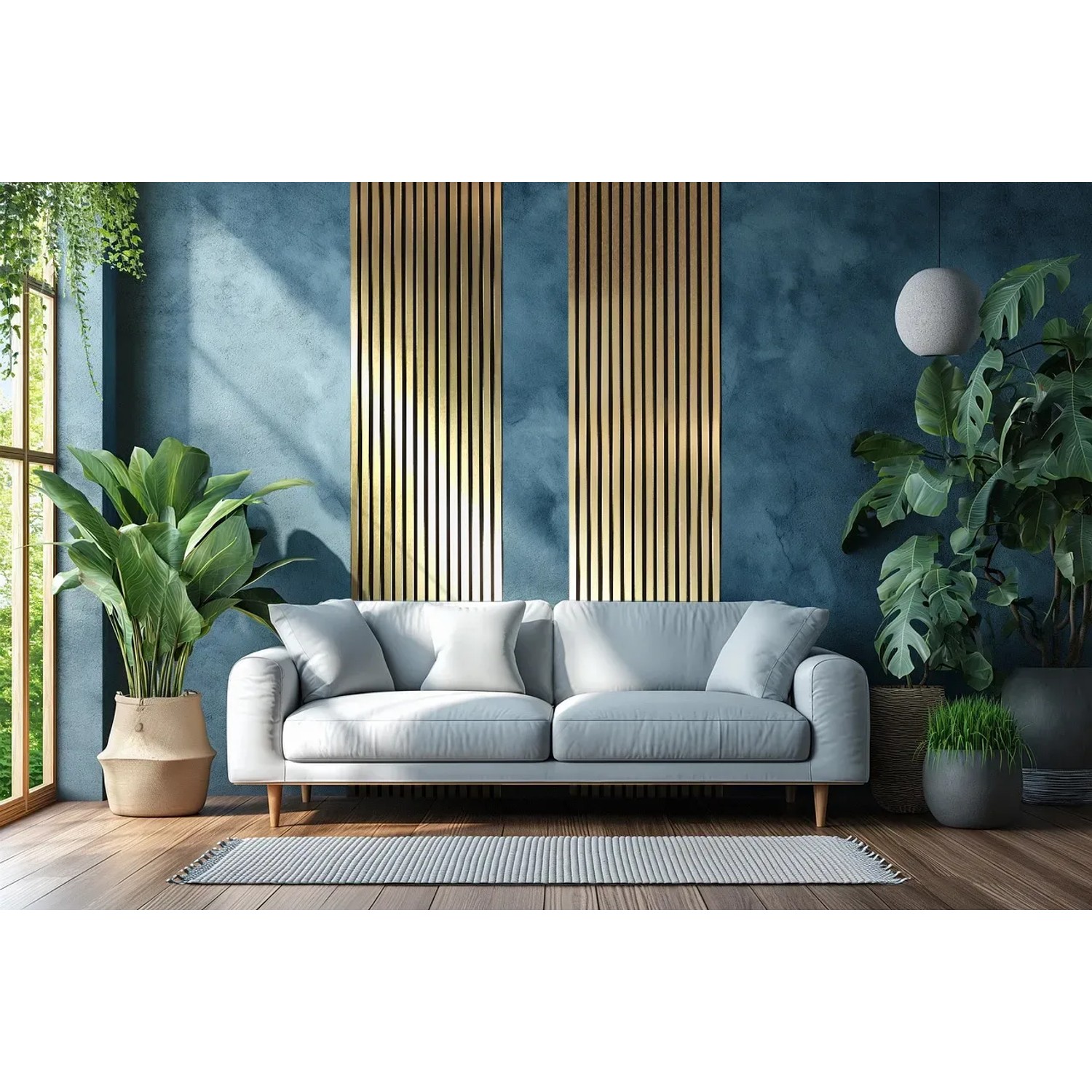 Wohnzimmer mit Kovalex Akustikpaneelen in Gold. Akustik verbessert Raumklang und Design.