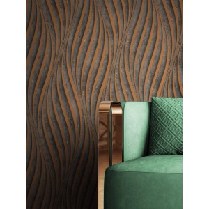 Moderne Vliestapete Armani Black Copper mit Wellenmuster, kombiniert mit einem grünen Sessel.
