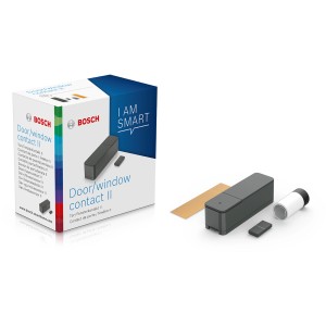 Bosch Smart Home Fenster-/Türsensor II Anthrazit mit Verpackung und Zubehör.