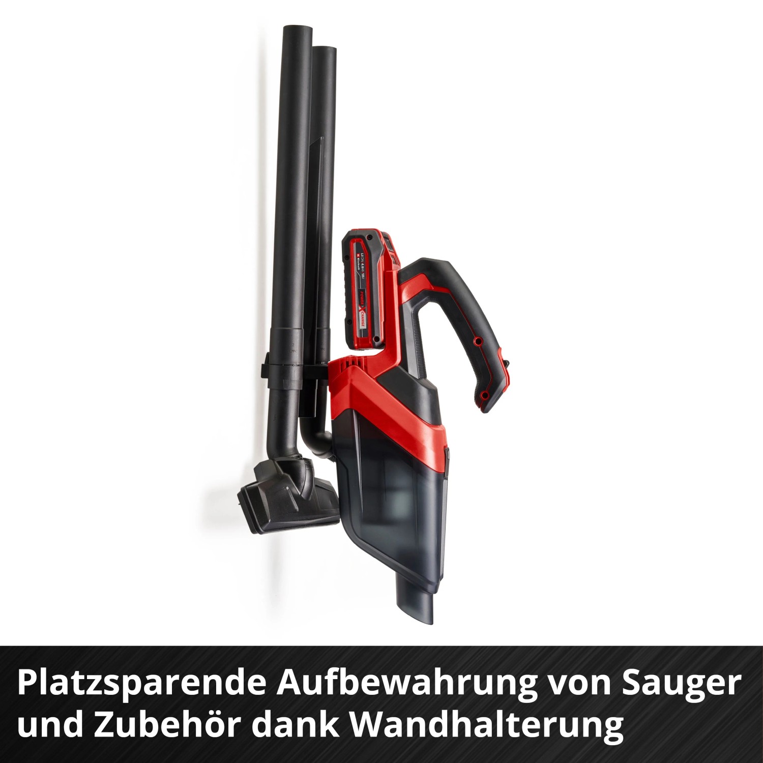 Einhell Power X-Change Akku-Handstaubsauger TE-HV 18/06 Li-Solo rot-schwarz mit Zubehör an Wandhalterung, platzsparend.