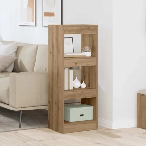 Modernes, rustikales braunes Bücherregal aus Holzwerkstoff mit 3 Fächern, dekoriert im Wohnzimmer.