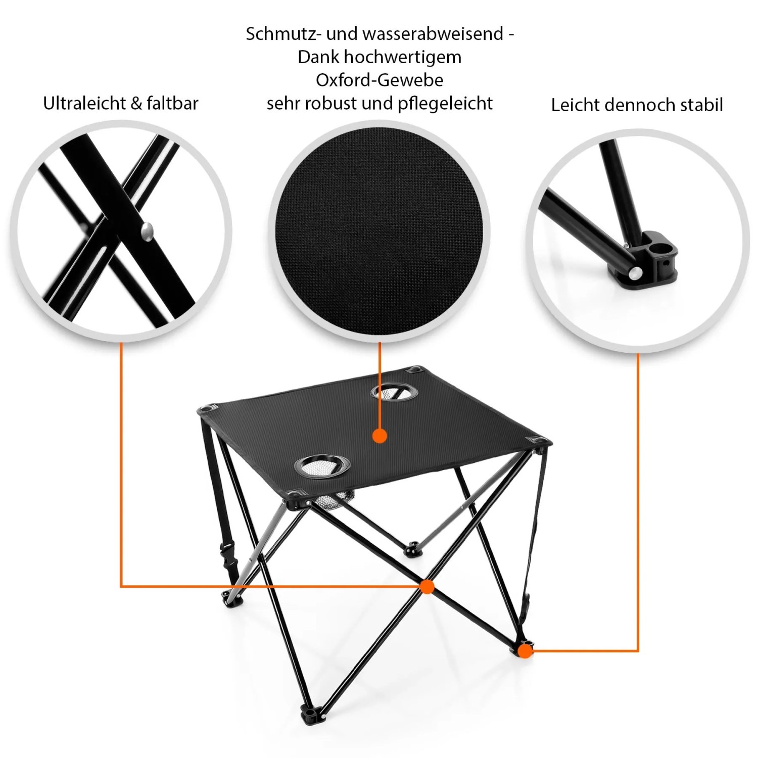 Schwarzer, faltbarer Campingtisch mit Getränkehaltern, Teil eines Campingstühle-Sets.