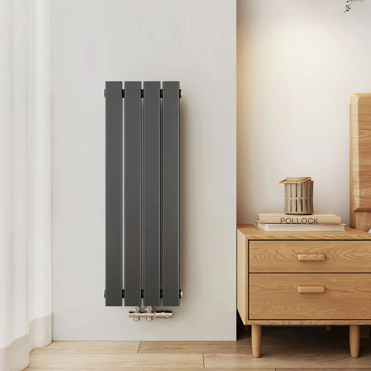 Vertikaler Emke Heizkörper, 90x30cm, 403W, Anthrazit, Flach, Paneelheizkörper mit Mittelanschluss.