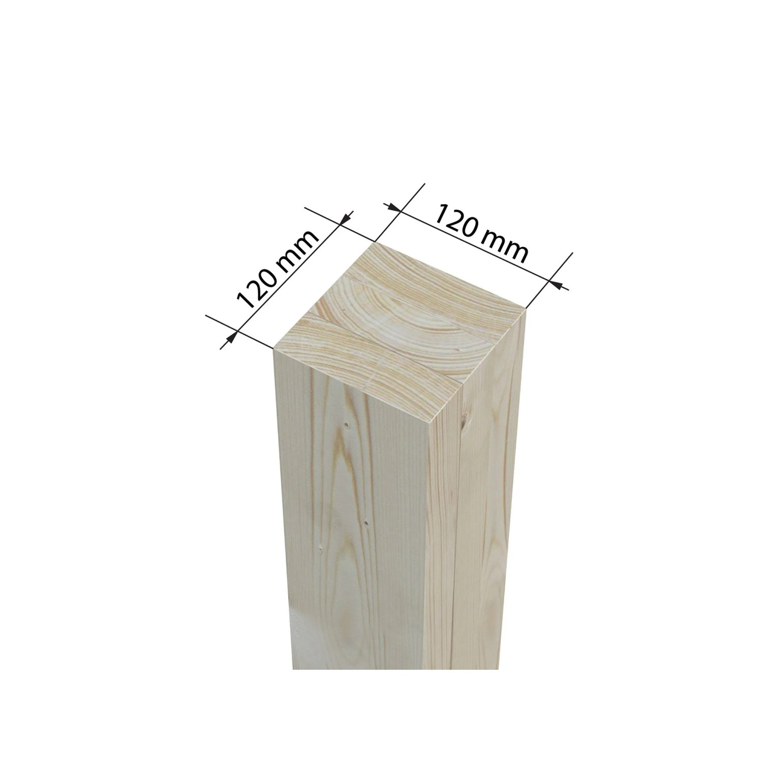Detailaufnahme eines unbehandelten Holzpfostens (120 mm x 120 mm) für Palmako Gartenhaus.