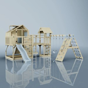 OutdoorToys Spielturm Milo mit Schaukel, Rutsche und Kletterwand aus Holz, eisblaue Akzente.