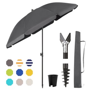 Sekey Sonnenschirm 180cm, grau, mit UV50+ Schutz, Tragetasche und Bodenhülse für Strand & Balkon.