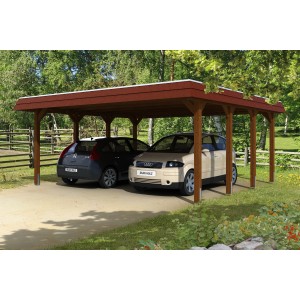 Skan Holz Doppelcarport Spreewald in Nussbaum mit roter Blende für zwei PKW