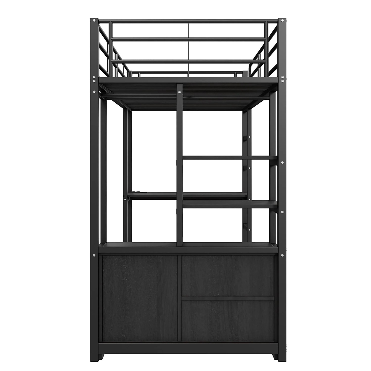okwish Metall Hochbett 90x200cm mit USB Steckdose und Regalen Schwarz ohne Matratze