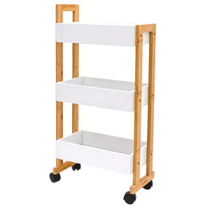 DuneDesign Bambus Küchenregal mit 3 weißen Ablagen und Rollen, ideal als Nischenregal.