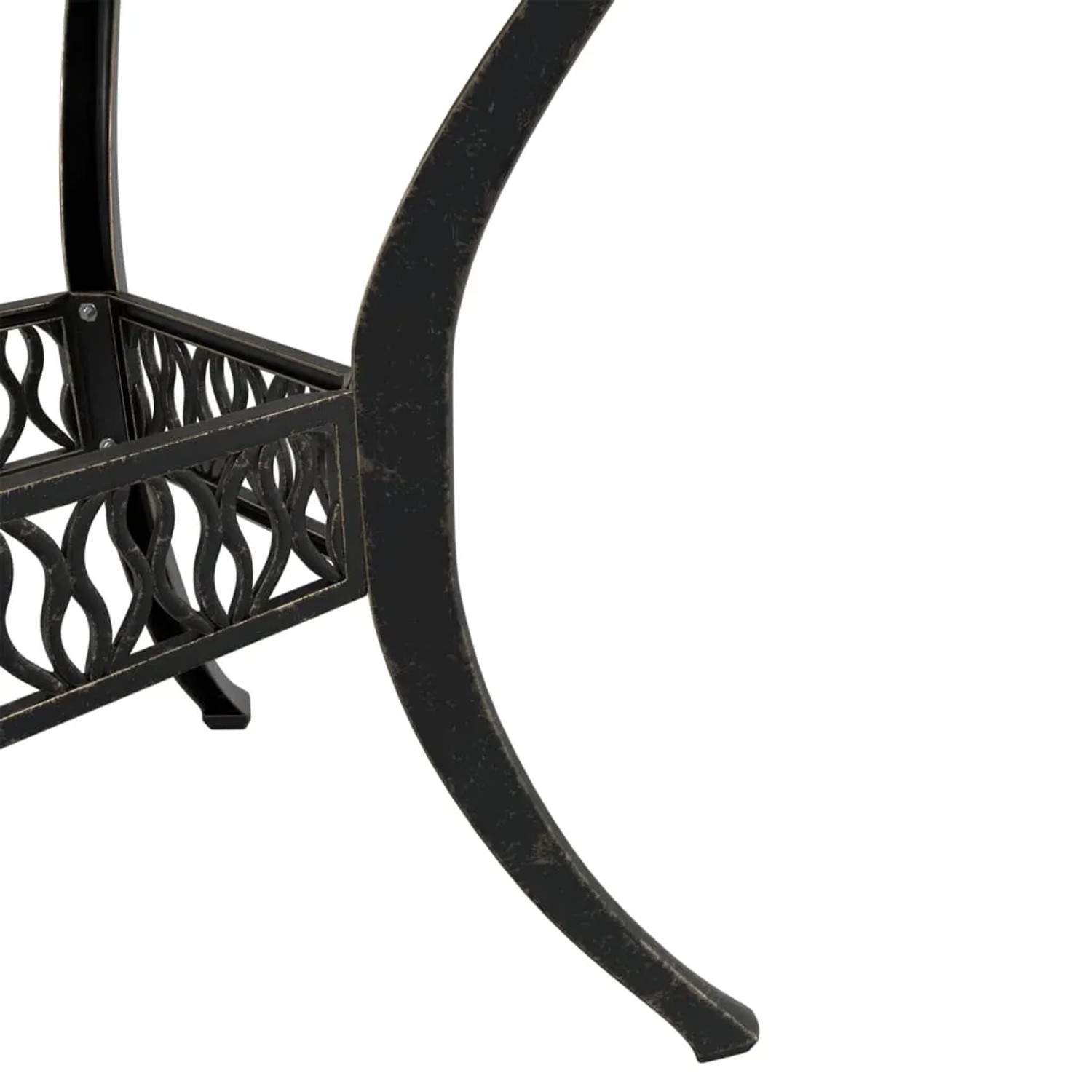 Detailansicht Bistro-Set: Tischbein und Zierelemente aus bronzefarbenem Aluminiumguss.