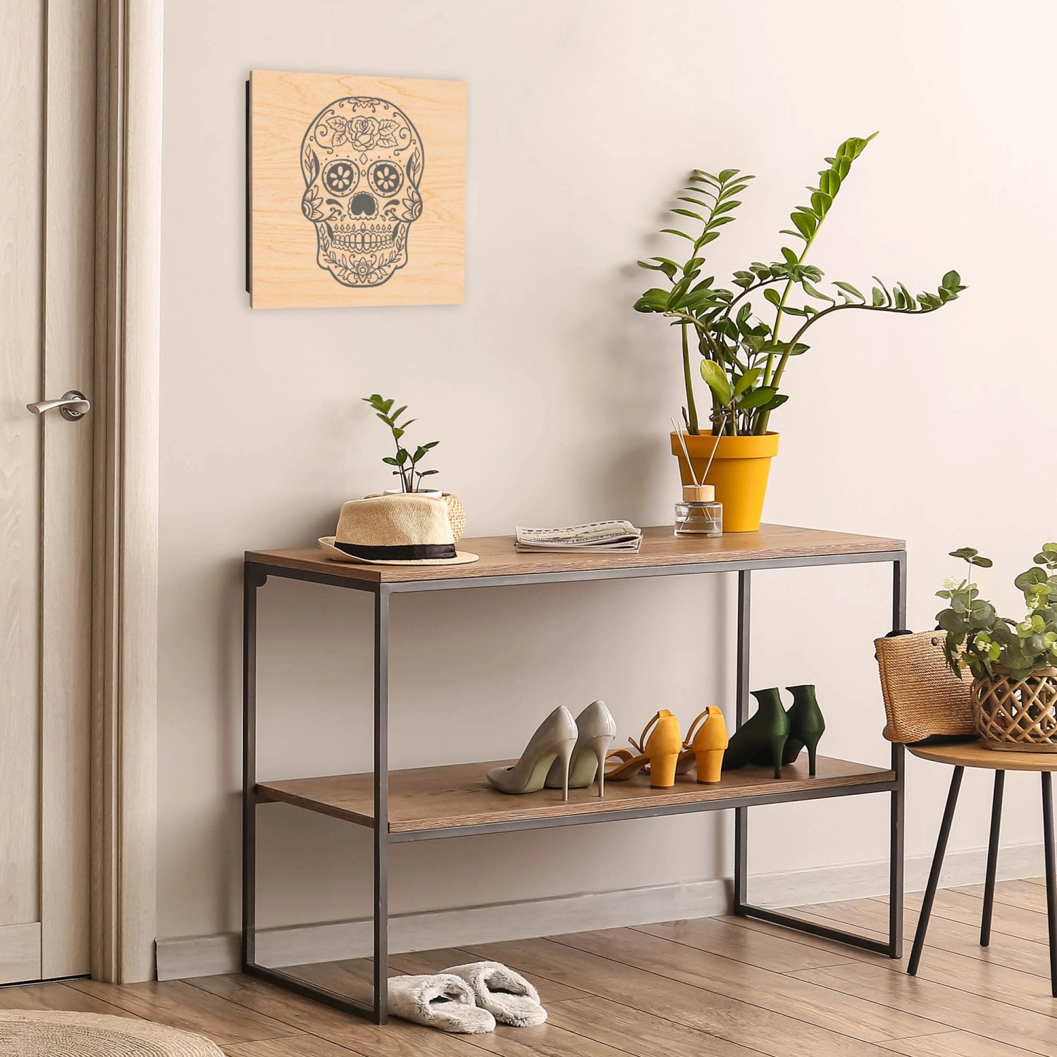 Banjado Schlüsselkasten aus Holz, 30x30cm, mit Sugar Skull Motiv. Schlüsselaufbewahrung für 50 Schlüssel.