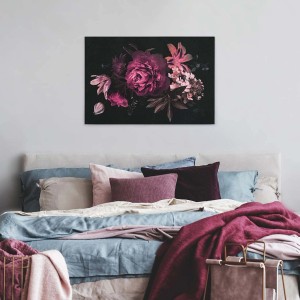 Leinwandbild mit Blumenstillleben in Lila und Schwarz als Wanddeko für Wohn- und Schlafzimmer.