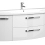 Pelipal Waschplatz Serie 4010, 144 cm, Weiß Hochglanz mit Keramikwaschbecken, Unterschrank mit Schubladen und Türen.