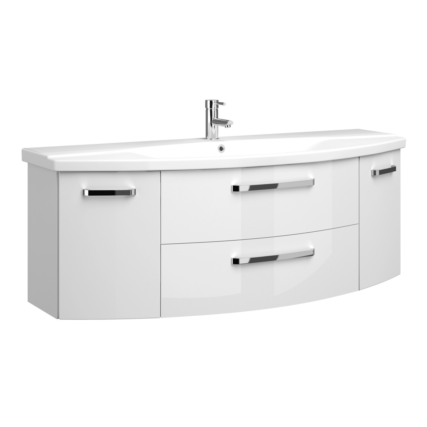 Pelipal Waschplatz Serie 4010, 144 cm, Weiß Hochglanz mit Keramikwaschbecken, Unterschrank mit Schubladen und Türen.