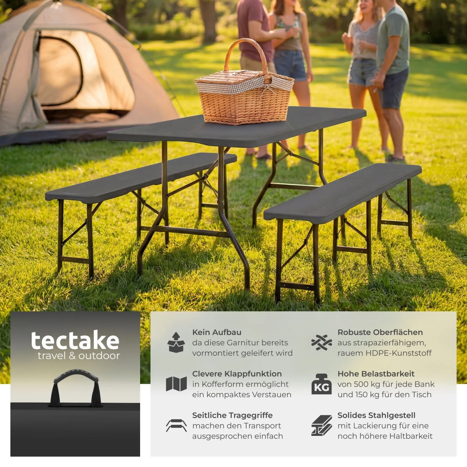 Tectake Bierzeltgarnitur Panja Klappbar Wetterfest Robuster Kunststoff Je Bank 500 kg Belastbarkeit 70 x 180 x 74 cm Anthrazit kaufen bei OBI