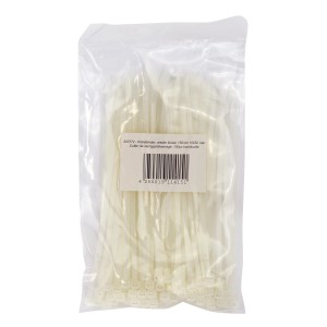 Beutel mit 100 lösbaren, hellen Kabelbindern (150x4 mm) für Elektroinstallation.