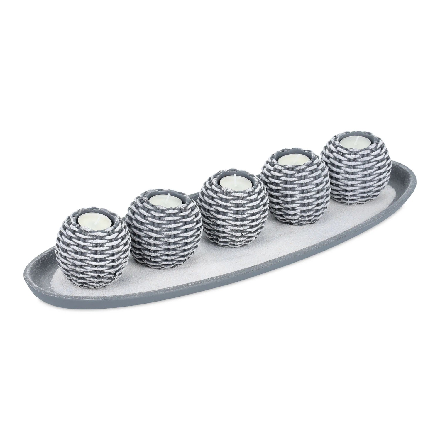 Relaxdays Teelichthalter Set Polyresin Echtwachs Grau Weiß mit 5 Teelichthaltern 50,5 cm x 18,5 cm x 8 cm 1,5 kg