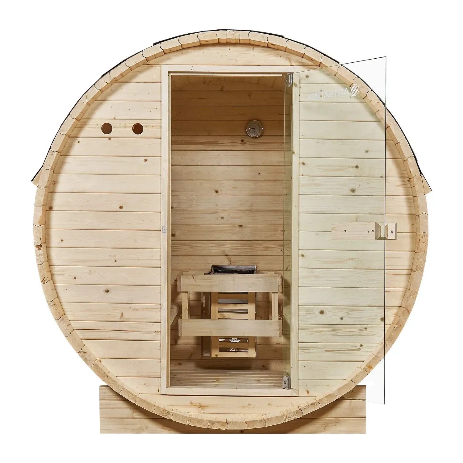 Artsauna Fasssauna Spitzbergen für 2 Personen, aus Fichtenholz mit Glas-Tür und 3,6 kW Saunaofen.