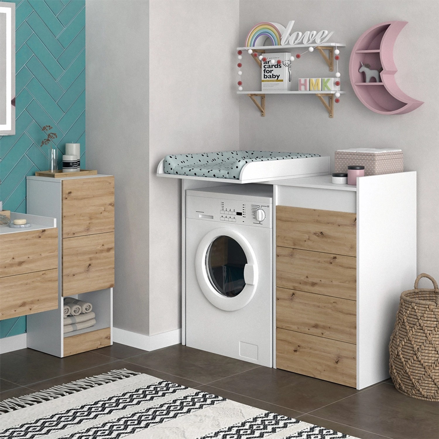 Vicco Waschmaschinenschrank Alf, weiß/Eiche, 116x98 cm, mit 4 Schubladen. Badregal für mehr Stauraum.