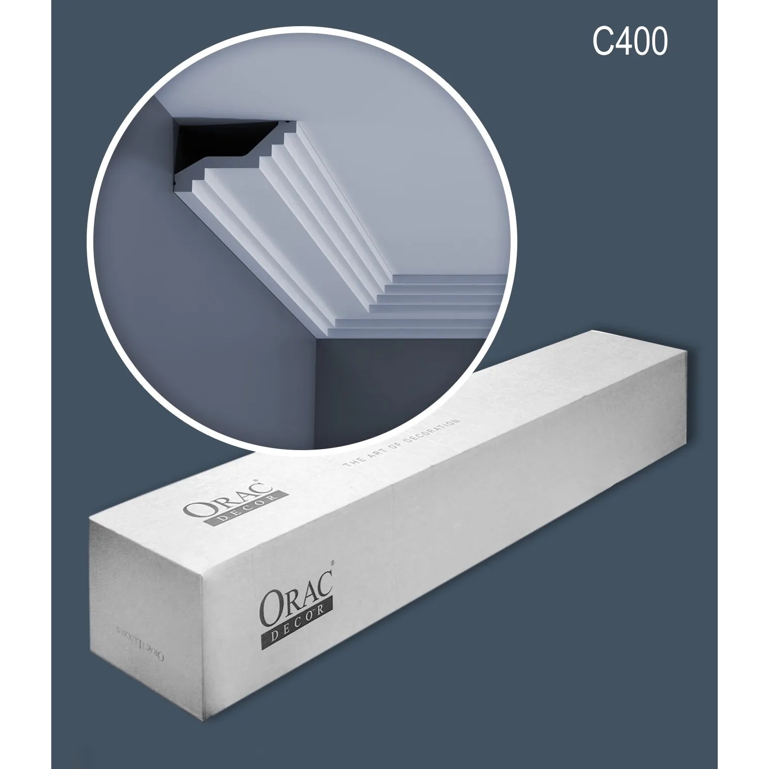 ORAC DECOR C400 LUXXUS Zierleisten Set mit Stuckleisten und Detailaufnahme der Eckleiste.