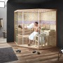 Große, helle Sauna SKYLINE BIG aus Tannenholz mit Kunststeinwand und zwei Personen.