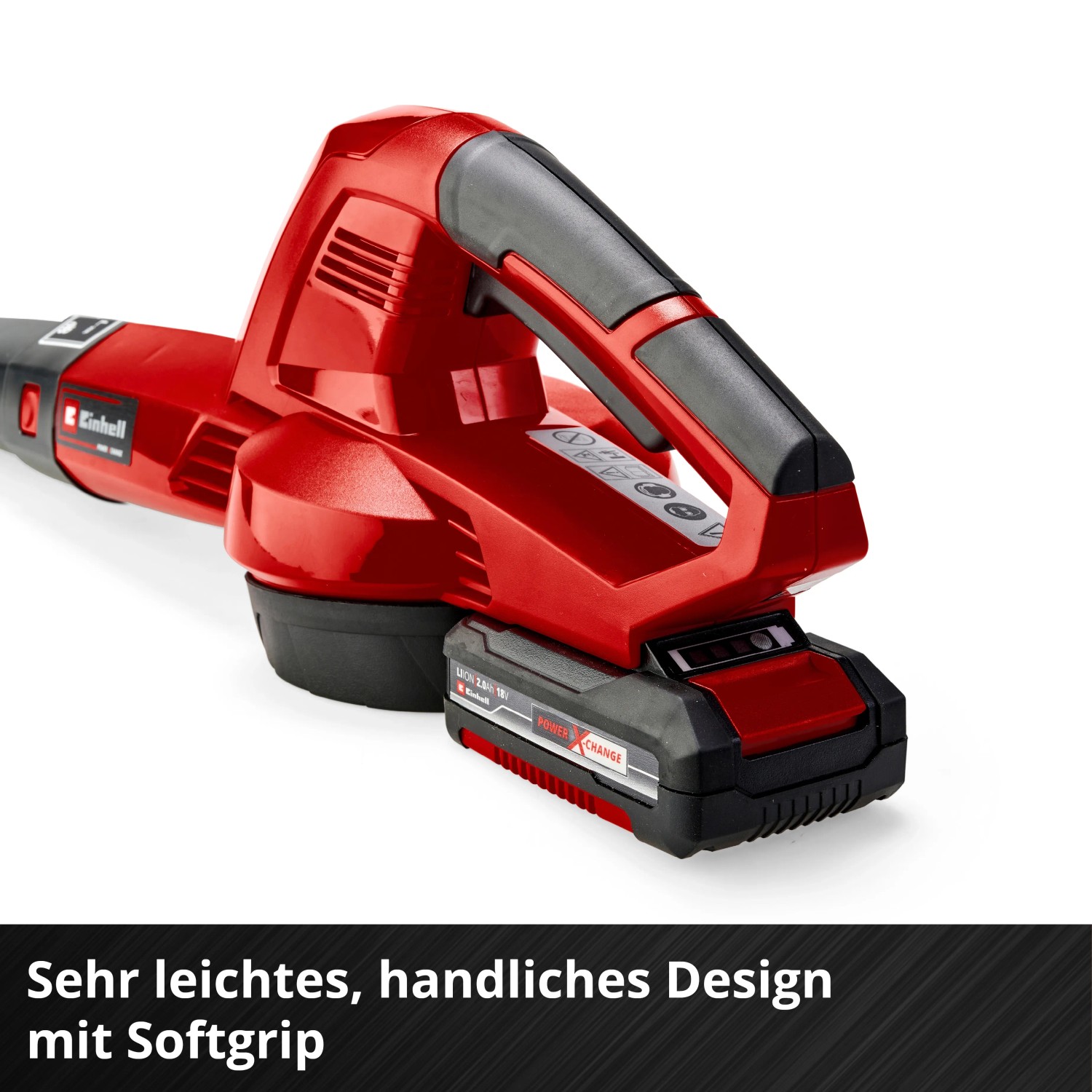 Einhell Akku-Laubbläser GC-CL 18 Li E Kit, rot, mit Akku und Ladegerät.