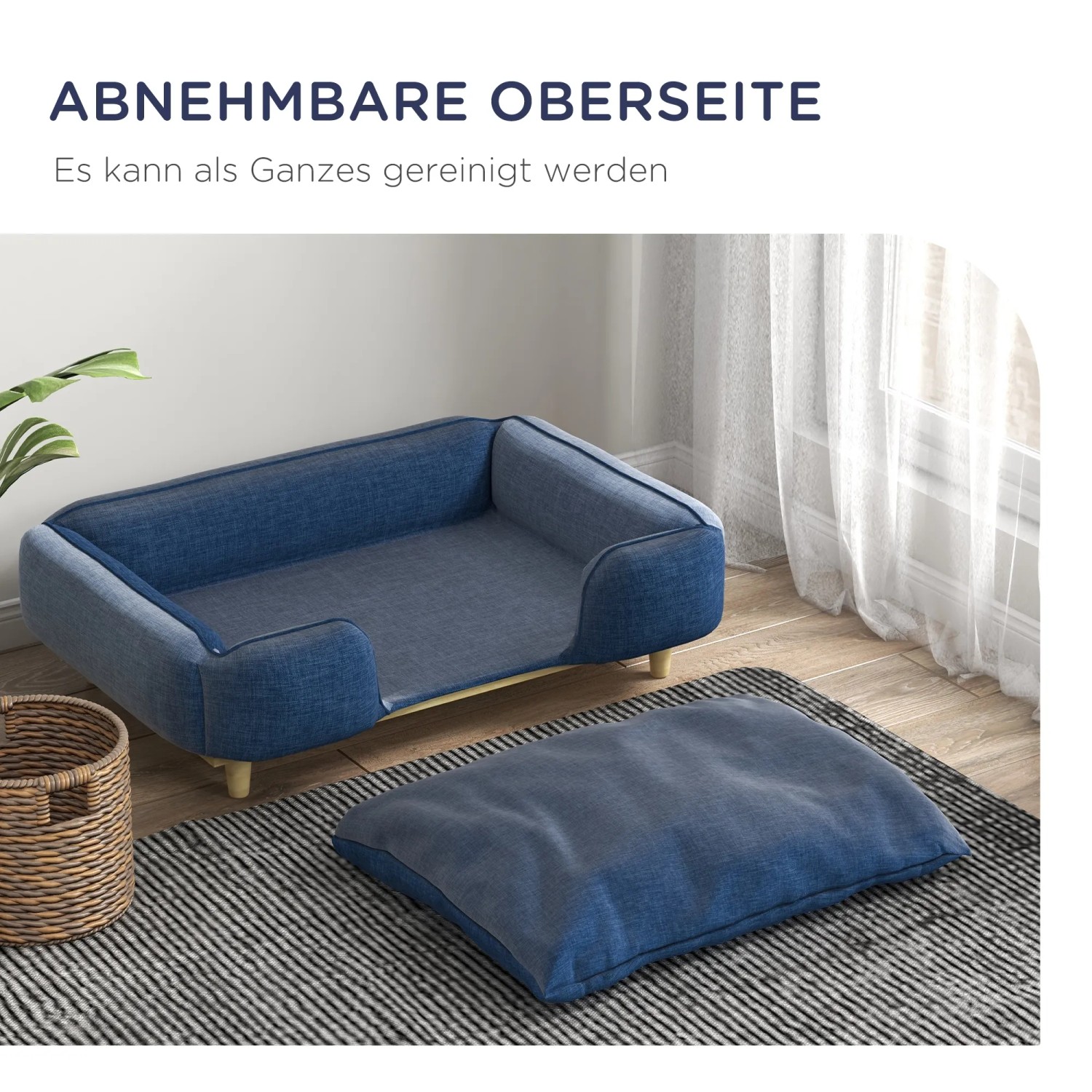 Blaues PawHut Hundesofa mit Kissen und Holzbeinen, abnehmbarer Bezug.