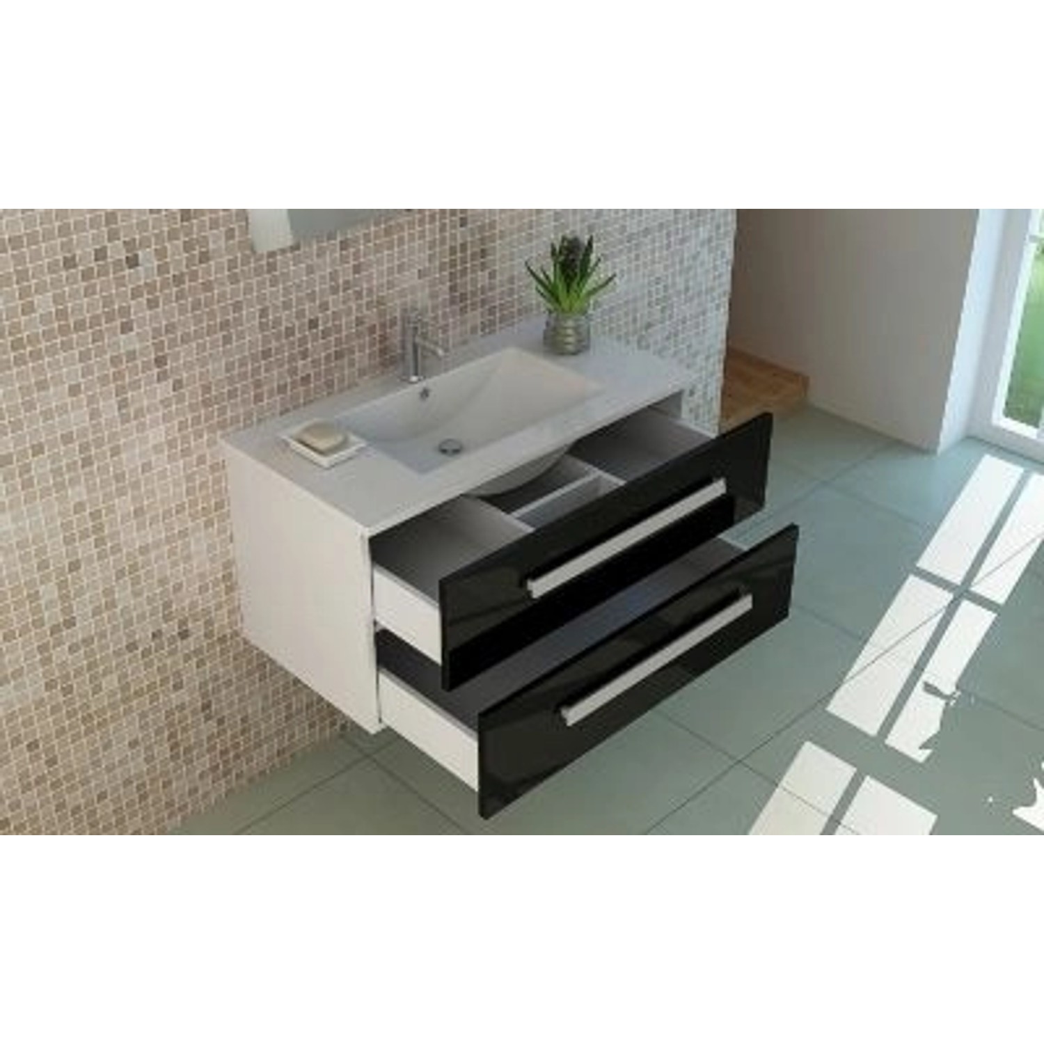 Jet-Line Badmöbel-Set Locarno, 80cm, Schwarz Hochglanz mit Unterschrank und Waschbecken.