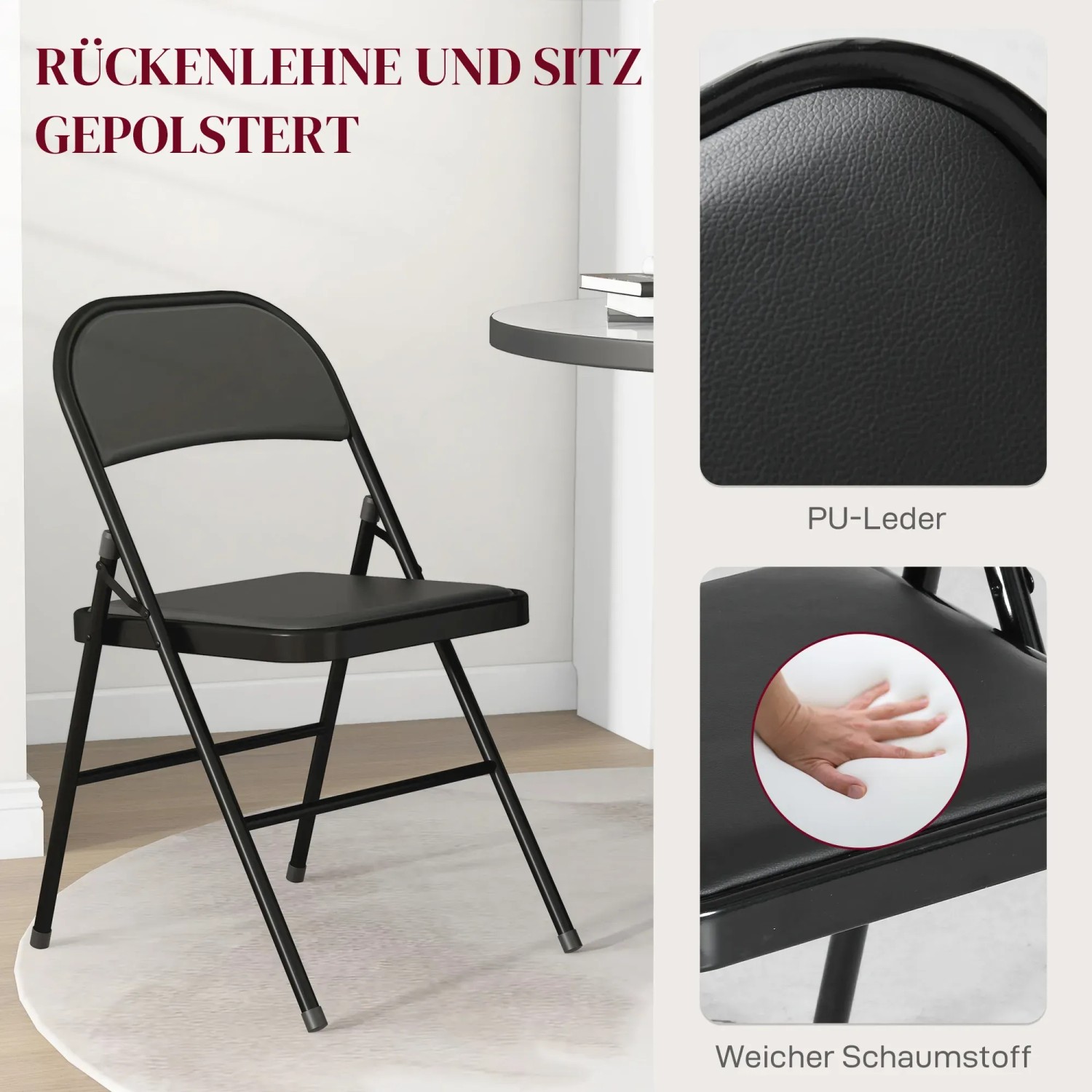 HOMCOM 2er-Set Klappstühle, schwarz, mit Kunstlederbezug und Stahlbeinen.
