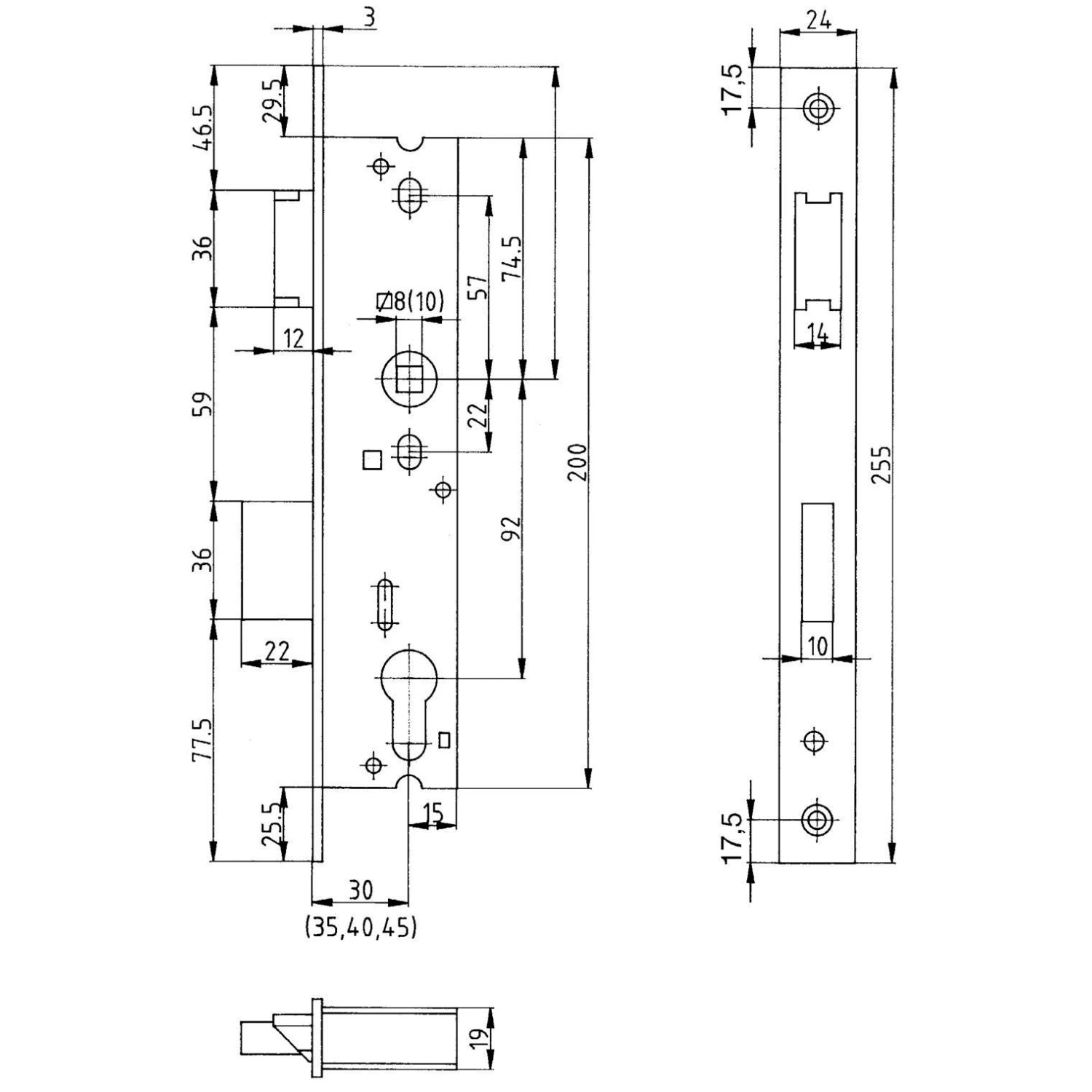 Technische Zeichnung: Rohrrahmenschloss, Dornmaß 35mm, Edelstahl, Maße und Details.