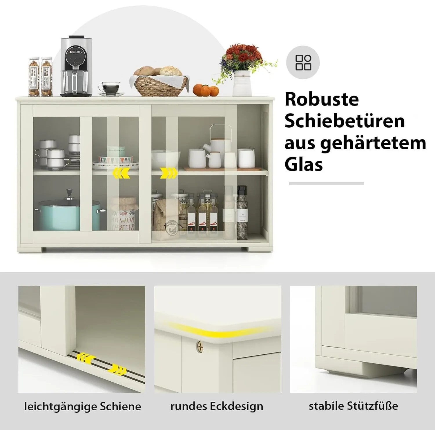Costway Buffetschrank Aufbewahrungsschrank Cremeweiß 107 x 33 x 64 cm_6