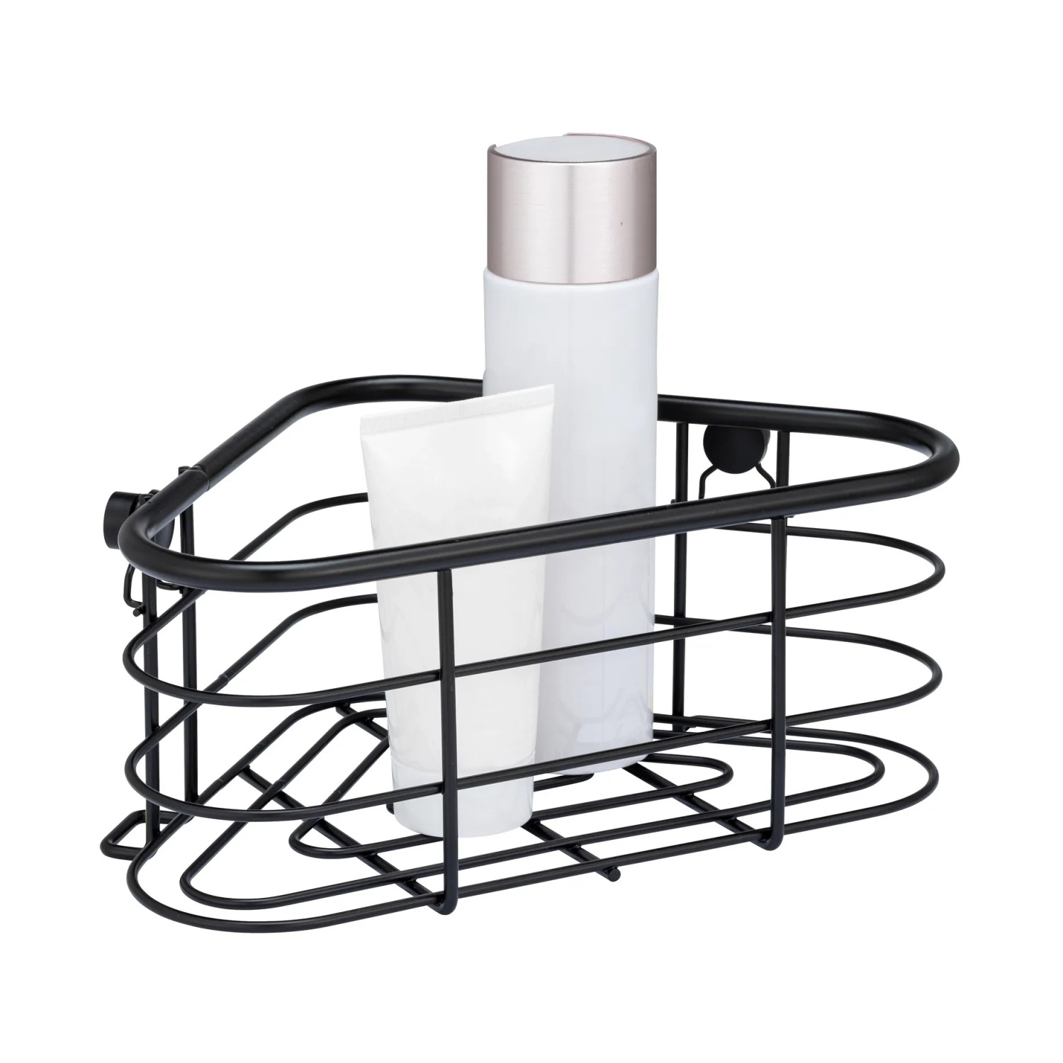 Schwarze Wenko Eckablage Trestina aus Edelstahl mit Badartikeln, 25x10,5x16,5 cm.