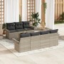 Hellgraue 8-tlg. vidaXL Garten-Sofagarnitur aus Poly Rattan mit anthrazitfarbenen Kissen.