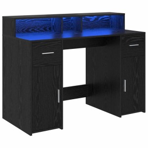 vidaXL Schreibtisch in Schwarz Eiche mit LED-Beleuchtung, Schubladen und Türen.