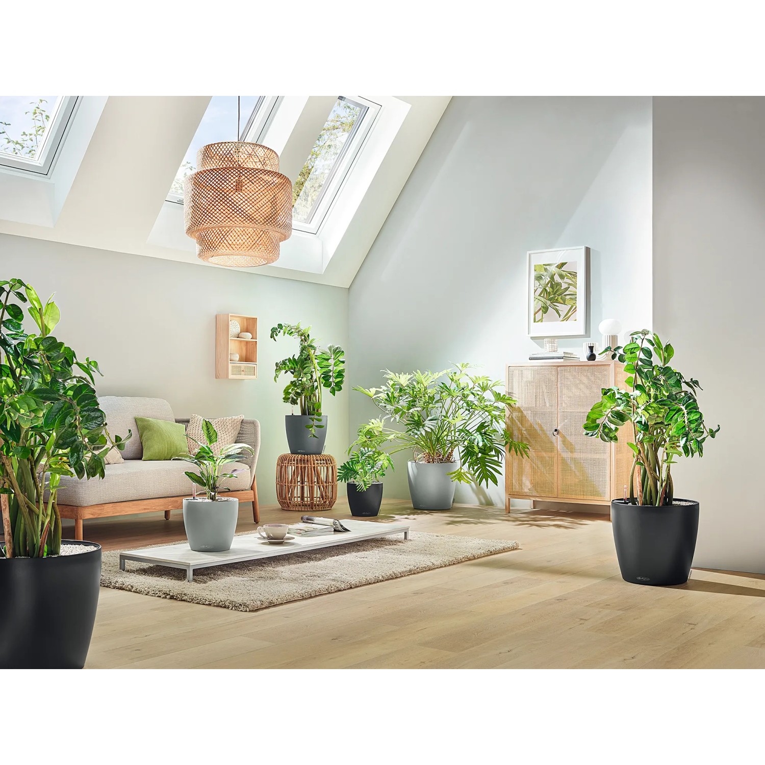 Wohnraum mit Lechuza Classico Color Eco Pflanzgefäßen in Hellgrau und Dunkelgrau.