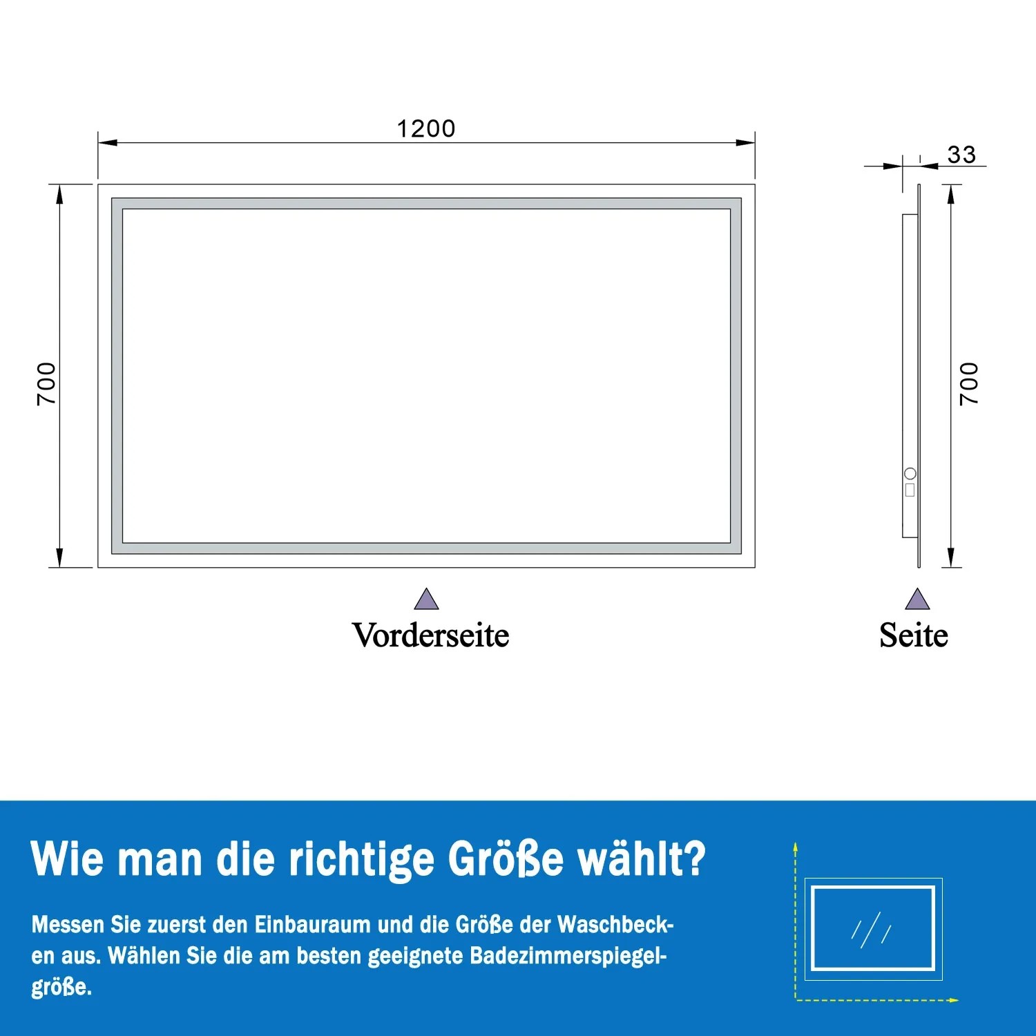 Skizze eines Aica Sanitär Badspiegels 120x70 cm mit LED-Beleuchtung und Maßangaben.