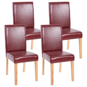Vier rot-braune Kunstleder Esszimmerstühle mit hellen Holzbeinen. Modernes 4er-Set Polsterstühle.