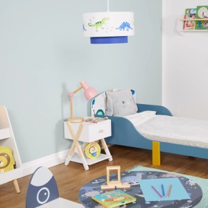 Weißer Relaxdays Kindernachttisch aus MDF mit Holzbeinen in X-Form, Schublade und Wolkengriff, neben Kinderbett.