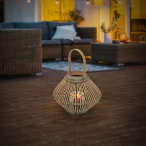 Bambus Laterne (H 42cm) im Boho Stil mit Kerzenglas für gemütliche Lichtatmosphäre.