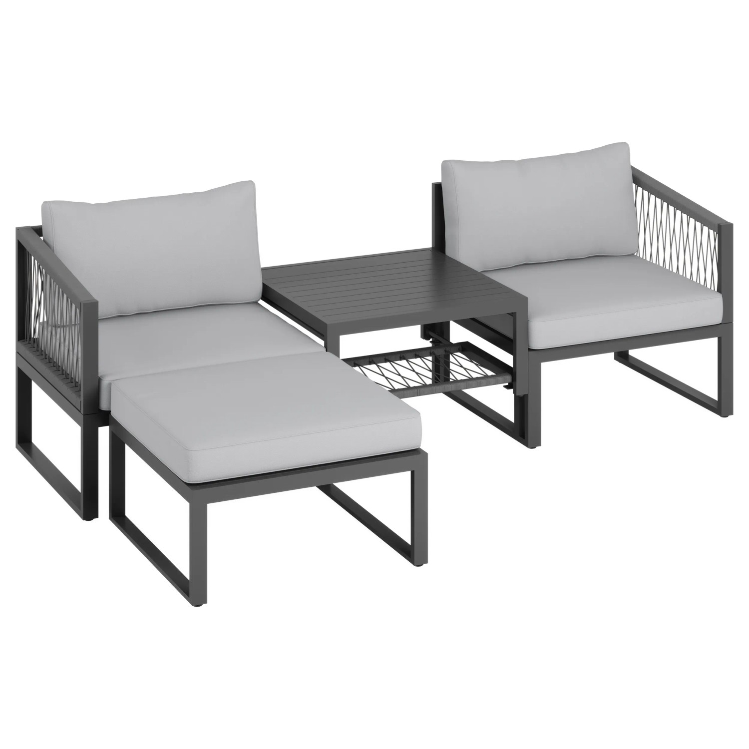 4-teiliges Lounge-Set Willa aus Aluminium in Anthrazit mit grauen Auflagen und Kissen.